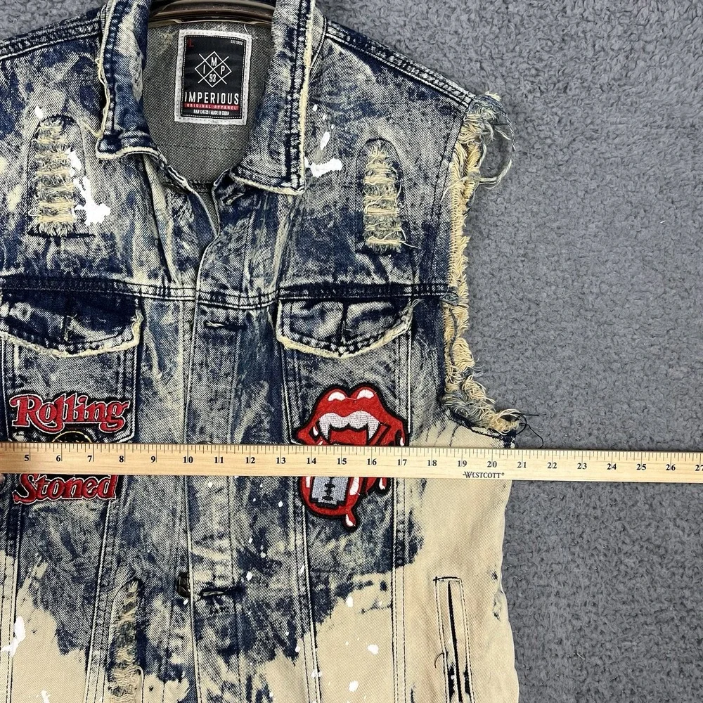Imperious Vest Mens Lg Denim Distressed Rock N Roll Y2K Acid Wash Streetwear 90s